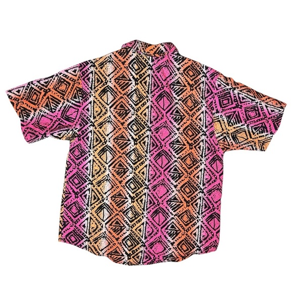 Vintage 90s Island Native Hawaiian Aztec Print Short Sleeve Button Up Shirt Neon - Picture 7 of 8